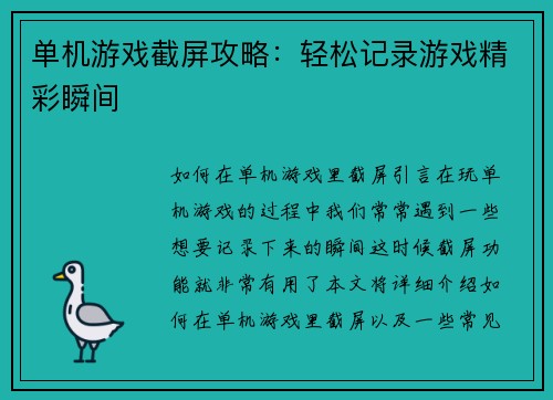 单机游戏截屏攻略：轻松记录游戏精彩瞬间
